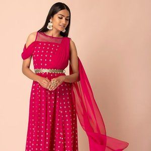 Hot Pink Foil Belted Maxi Kurta with Attached Dupatta
